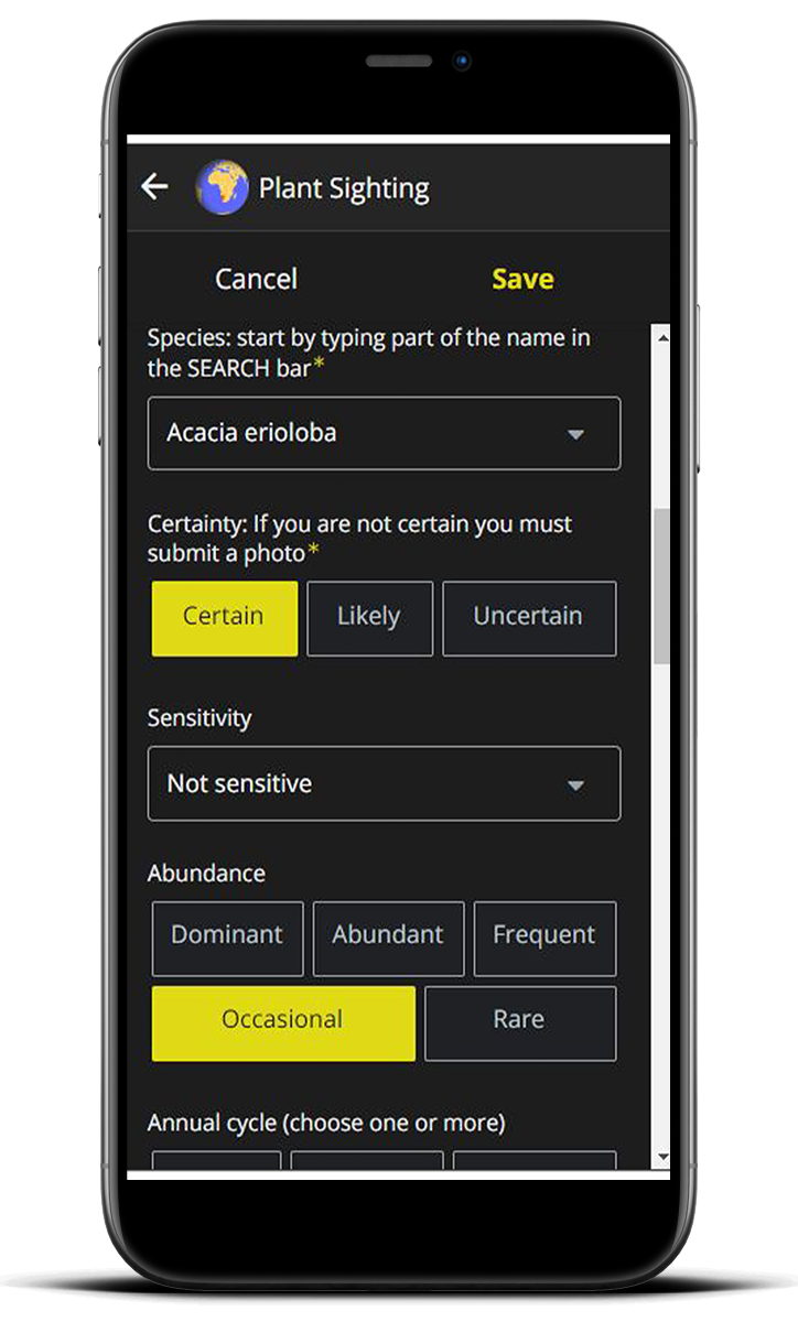 Device showing plant sighting species.