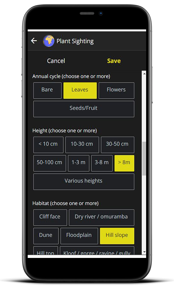 Device showing plant sighting details.