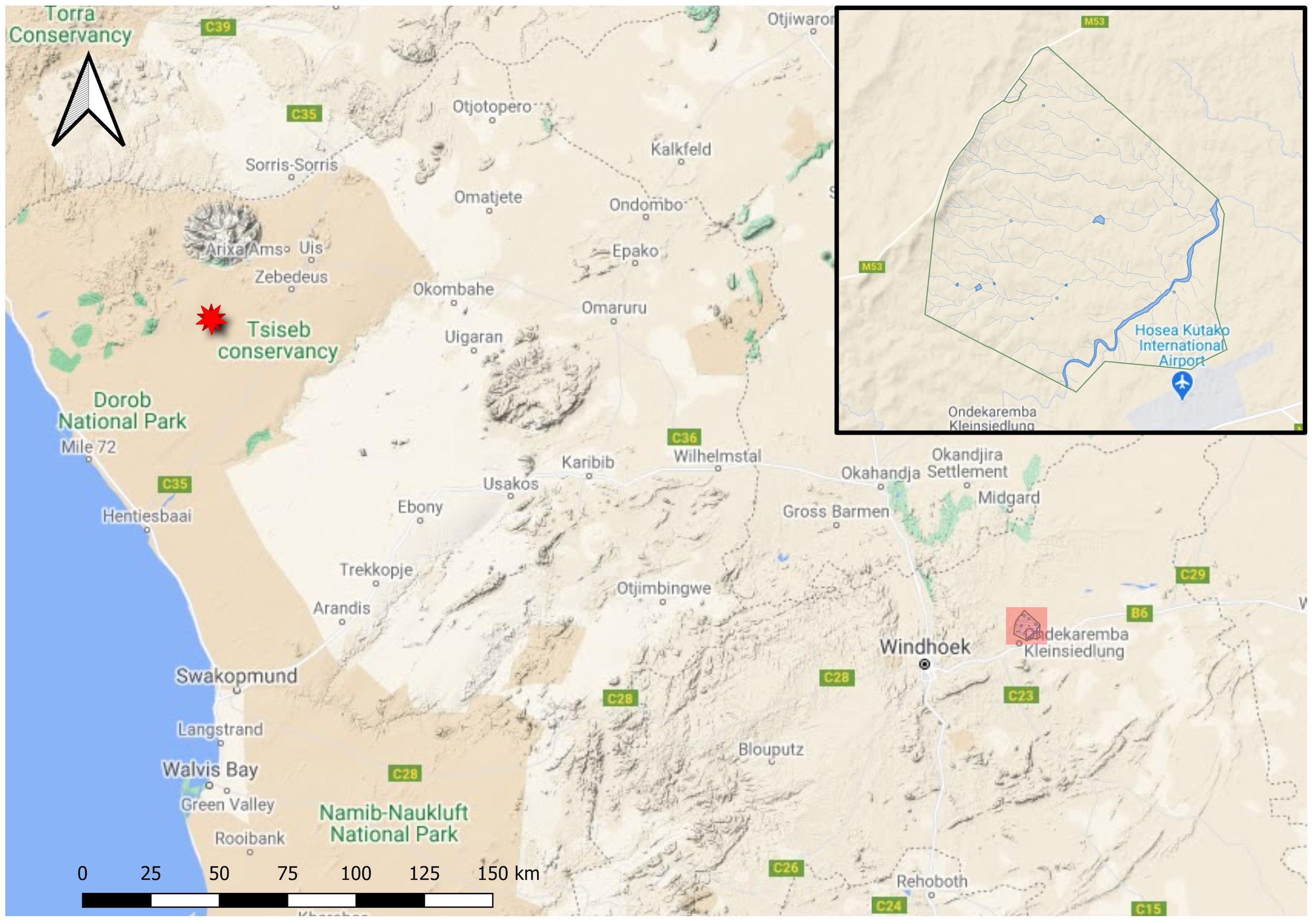 A map showing the capture and release sites in Namibia.