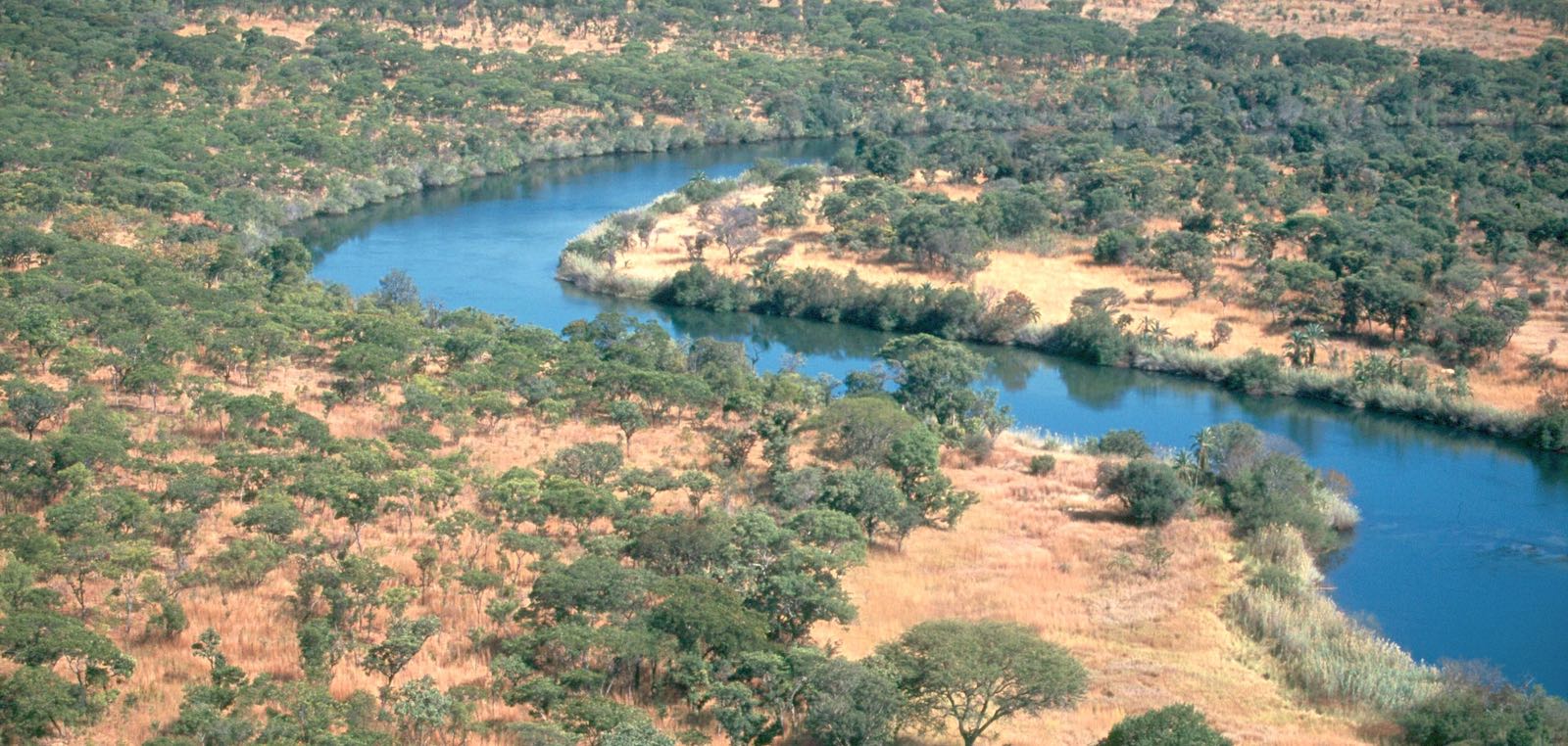 Aerial view of a wide river snakeing through a wooded landscape.