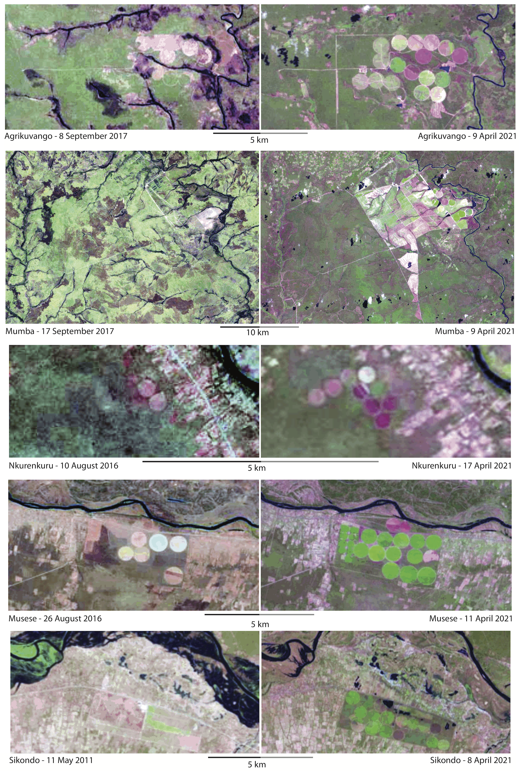 Five pairs of images showing changes over time. The later images show much more intensive irrigation systems