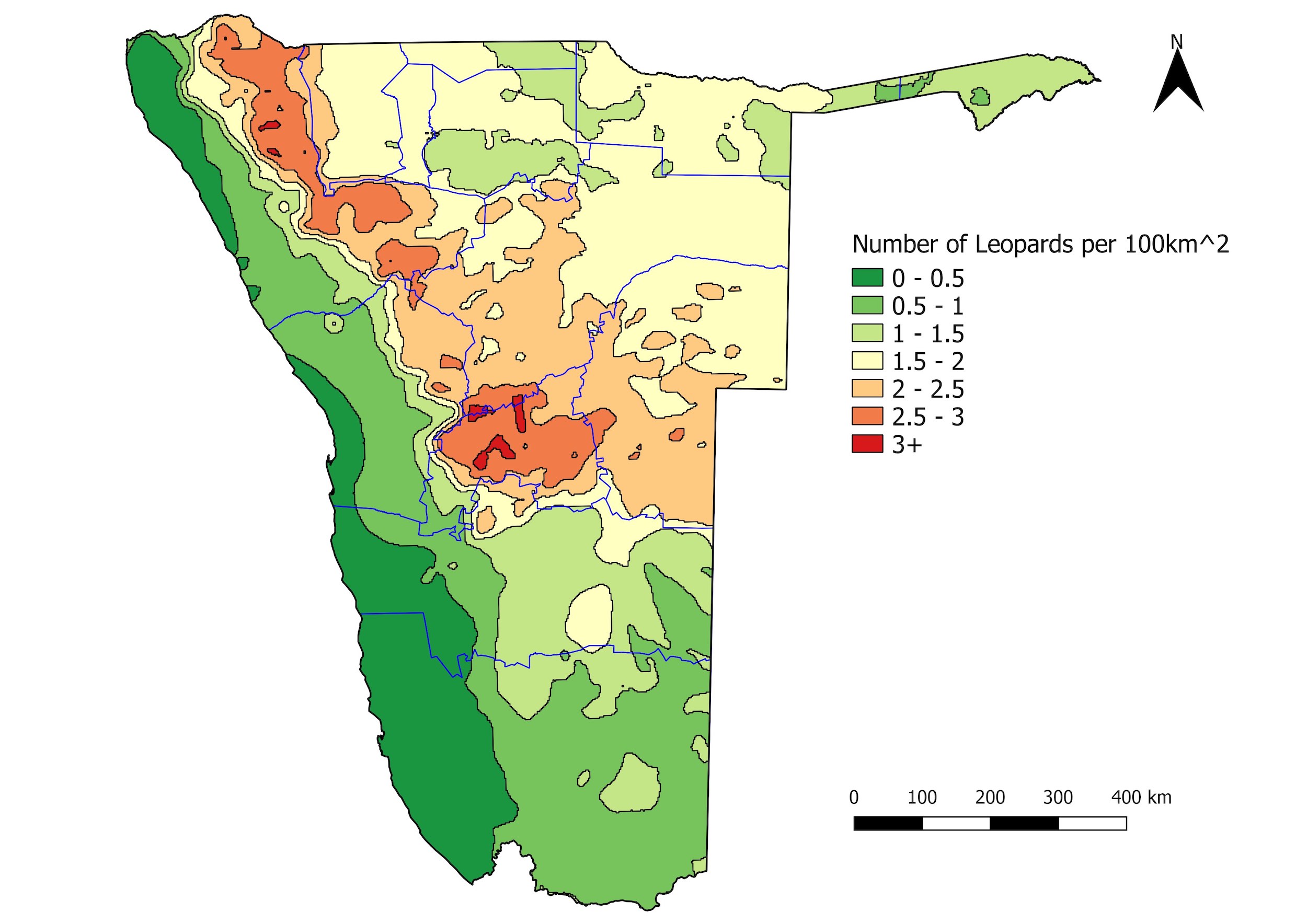 A map showing the final results, with higher densities in the centre of the country.