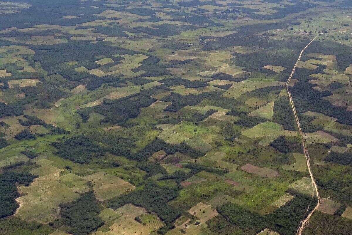 An aerial view of African communal farmlands.