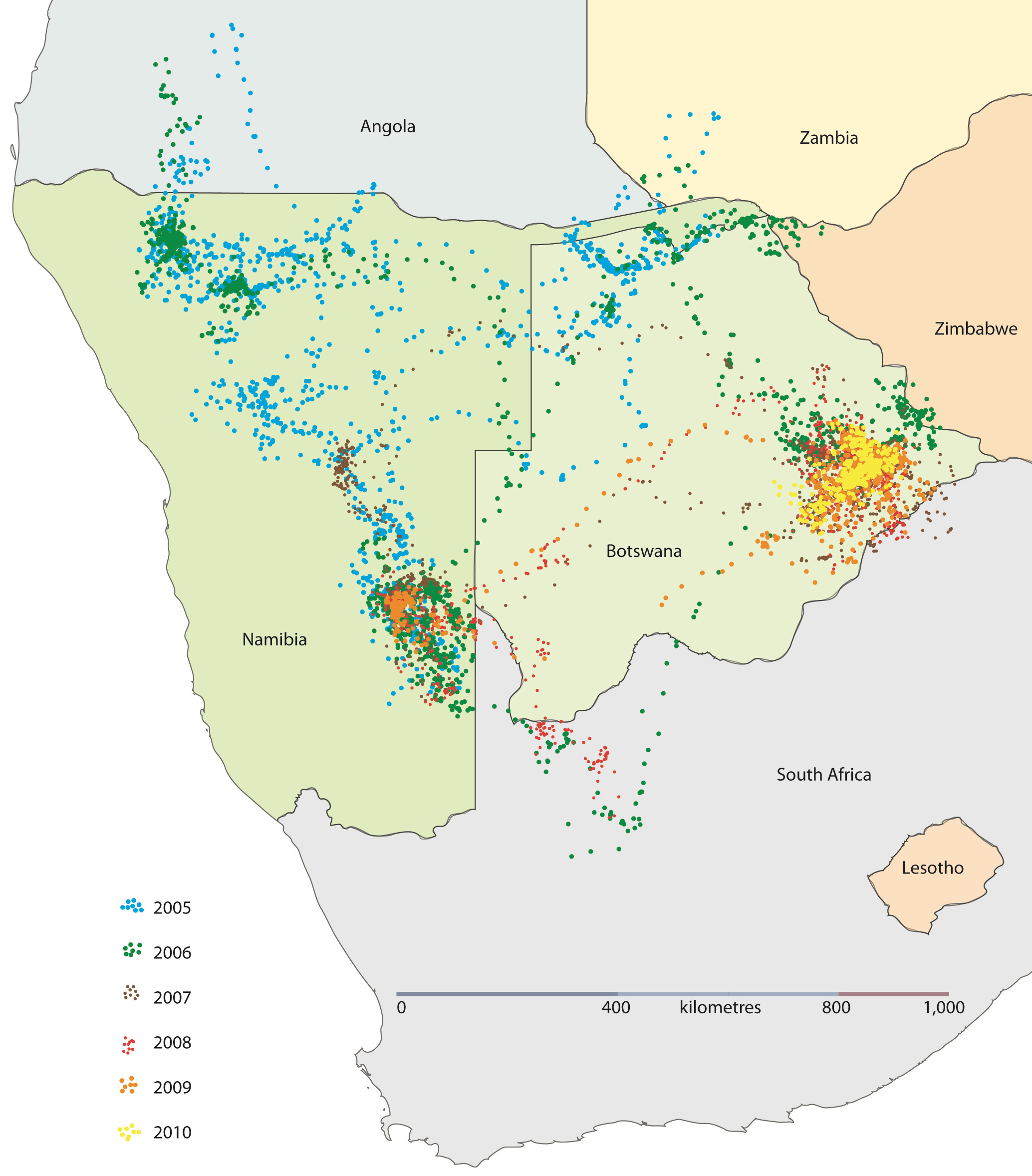A map showing tracking data from a Cape Vulture as is flies over Namibia, Botswana, South Africa, Angola, Zambia and Zimbabwe over the course of five years.
