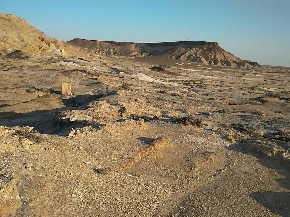 An ancient shoreline presents a rocky, sandy present day landscape.