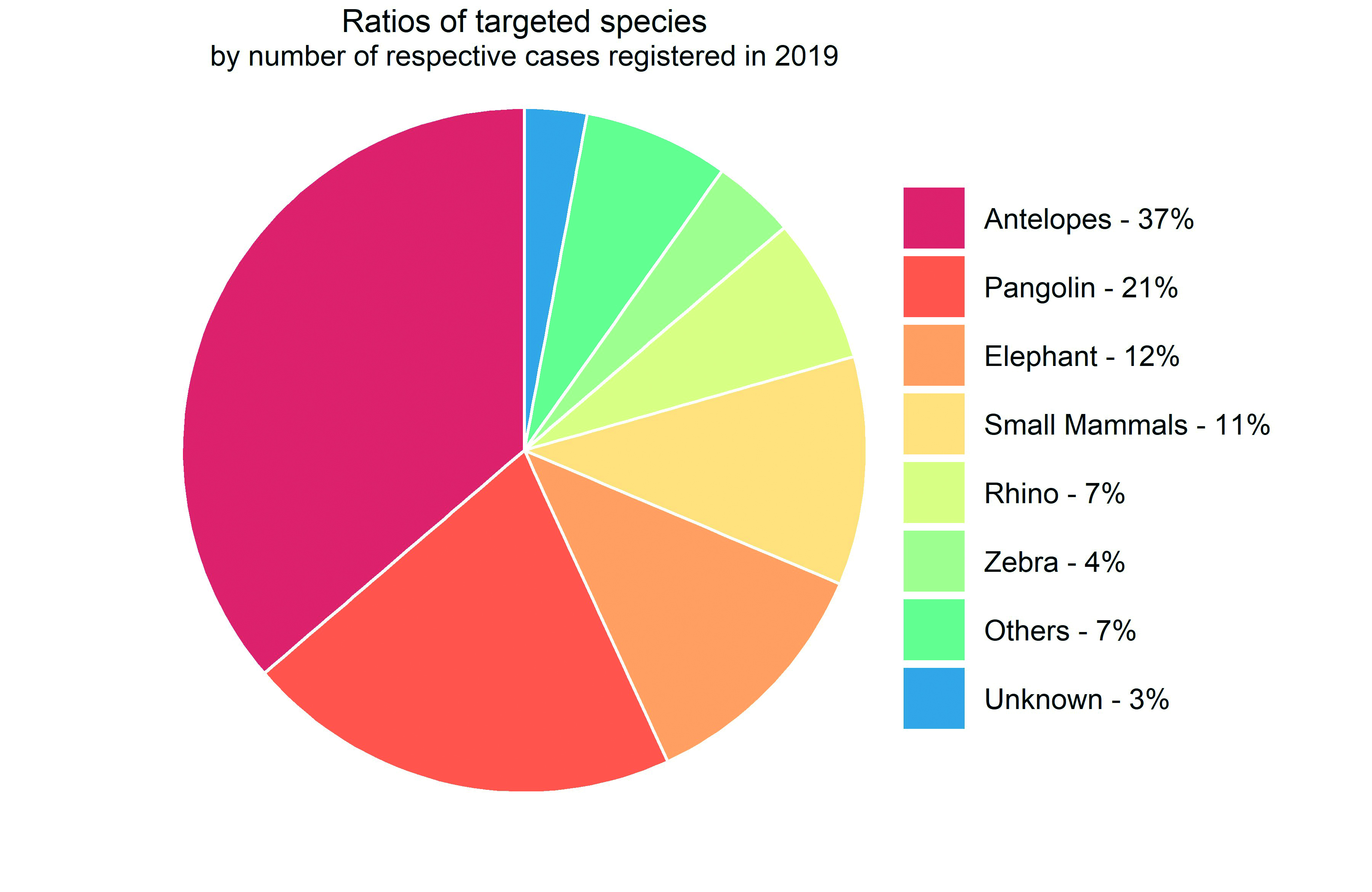 A pie chart showing which animals are most often poached. 37% are antelope, 21% pangolin, 12% elephant, 7% rhino.