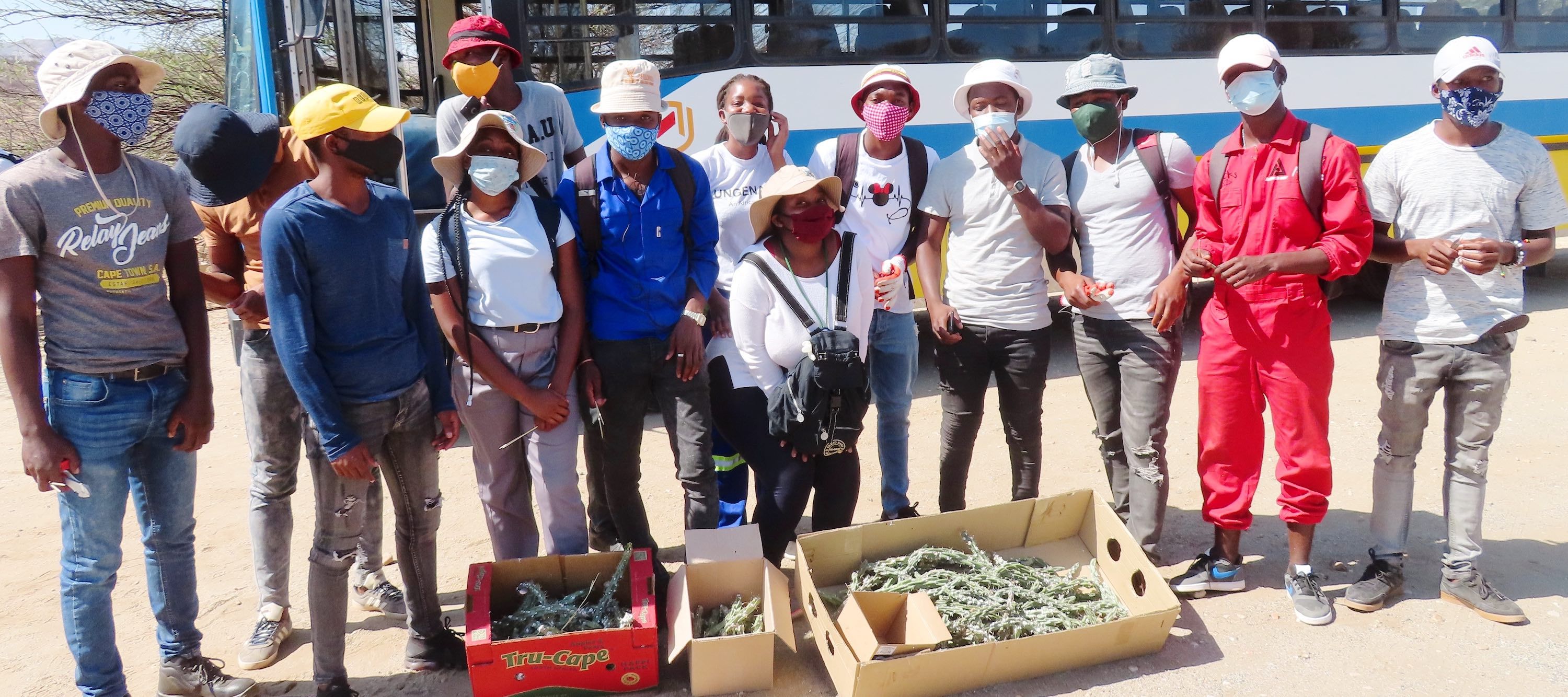 A group of people standing in front of a coach, with boxes of plant material at their feet.