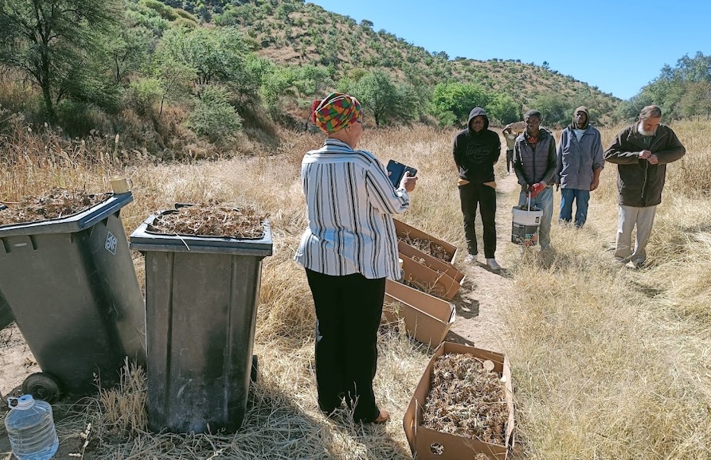 A group of people stand next to boxes and bins full of seeds.