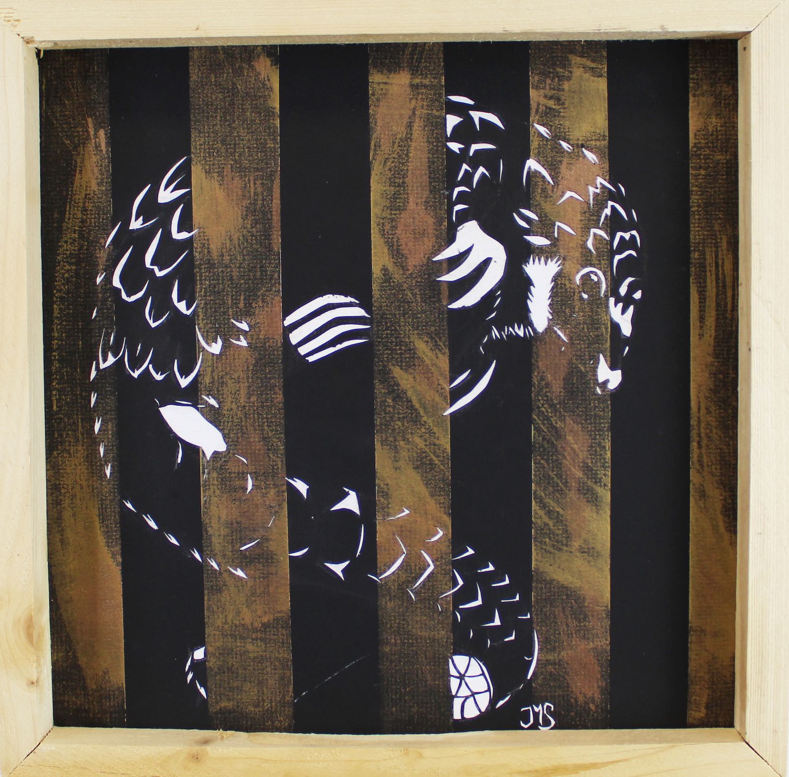 Artwork of a pangolin trapped behind wooden bars.