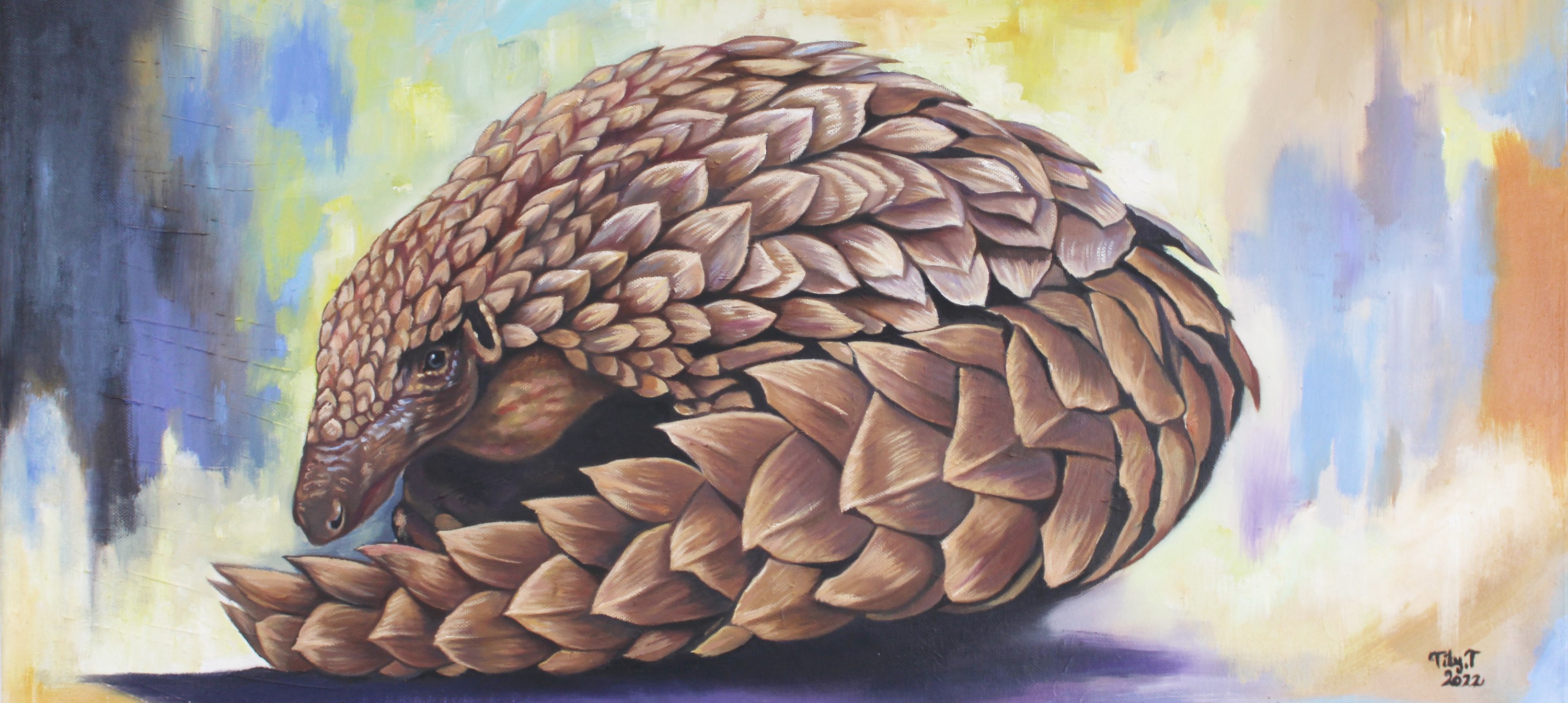 A painting of a pangolin with it's tail curled close to it's nose.