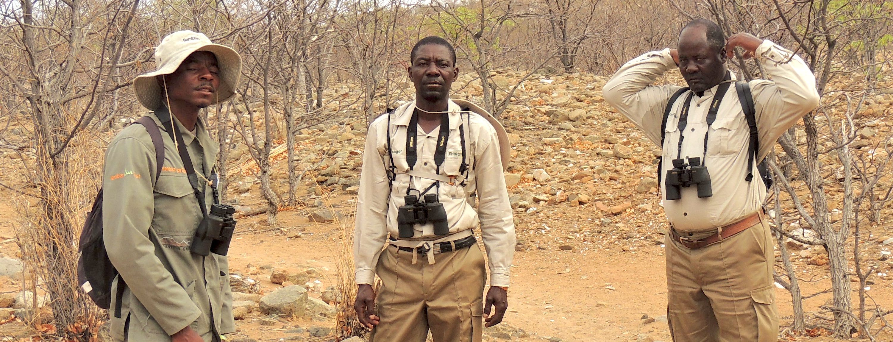 Three lion rangers stand in the bush.