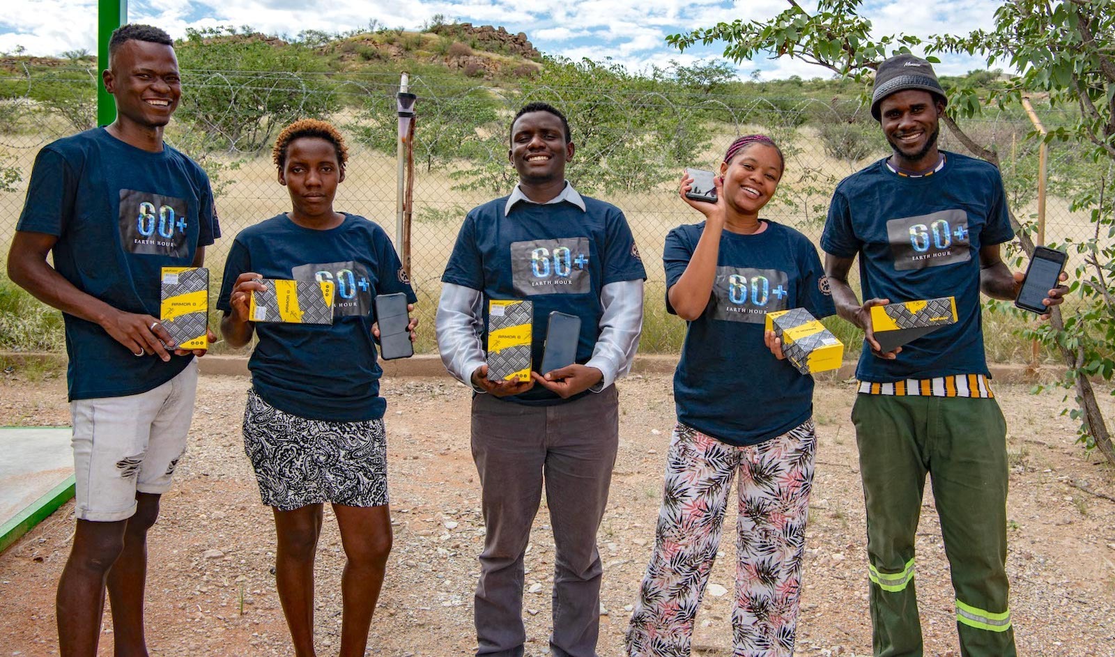 Five young Namibians with the devices they will use with the biodiversity app.