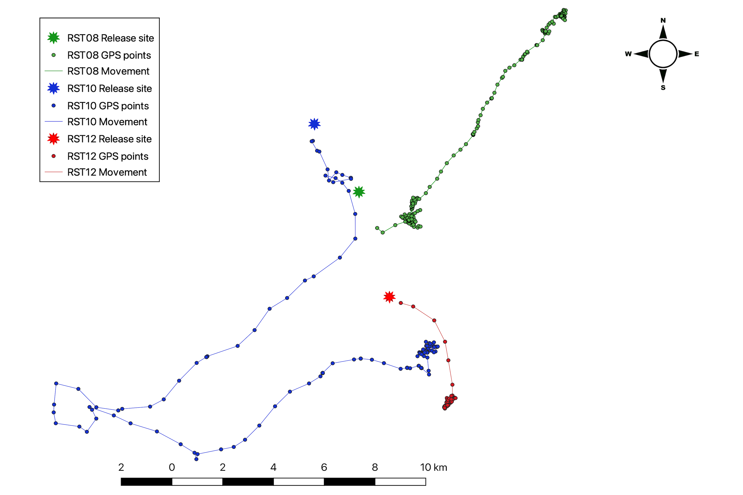 Different coloured lines show the movements of three pangolins post-release.